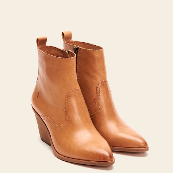 Frye Amado Wedge Cognac Leather Pointy Toe Cowboy Pull On Wood Heeled Ankle Boot - Picture 5 of 16